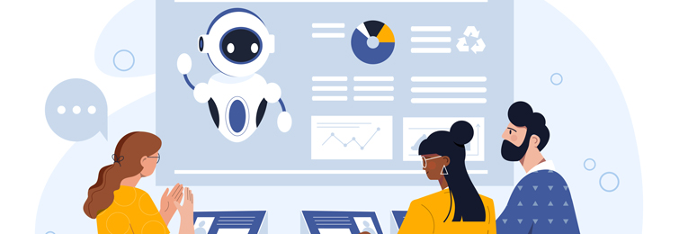 Illustration of three individuals interacting with AI technology in an office setting, with digital interfaces and data visualizations in the background.